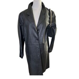 Minimalist Leather Trench‎ Coat Black Longline Lightweight Quiet Luxury Women L